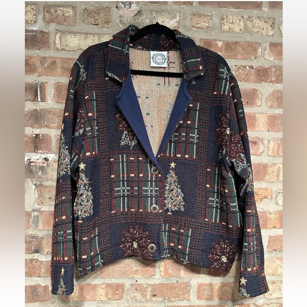 Sugar Street Weavers evergreen Christmas tree sweater jacket button up tapestry